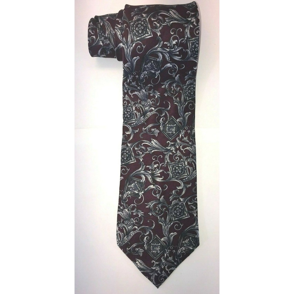 NOS Henry Grethel Burgundy with Silver Scroll Pattern Silk Neck Tie - 56" length